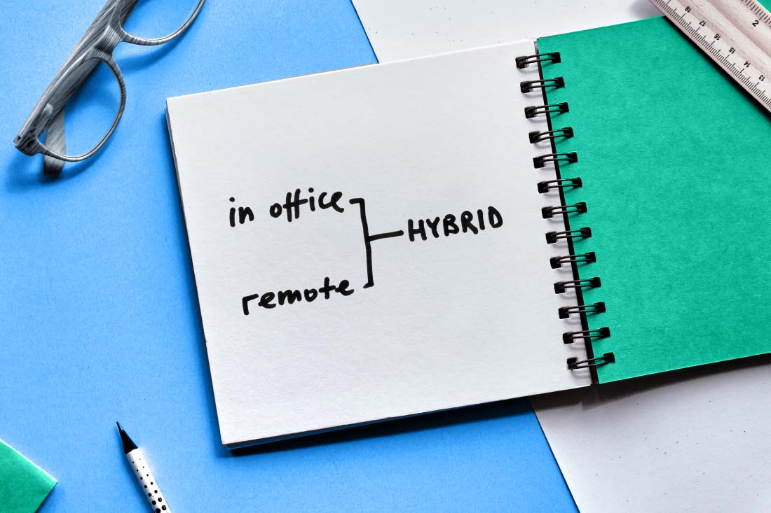 A notebook with Hybrid and Remote written on the paper.