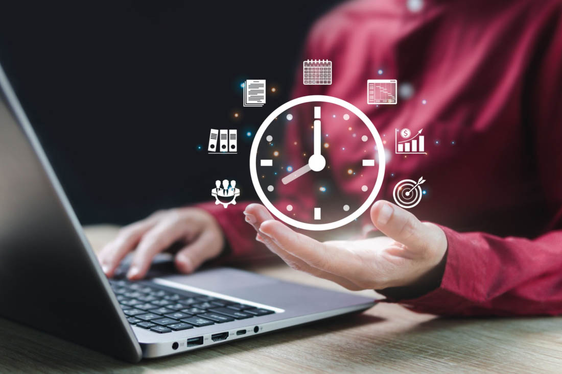 A clock with a bunch of activities to manage, which symbolizes time management problems.